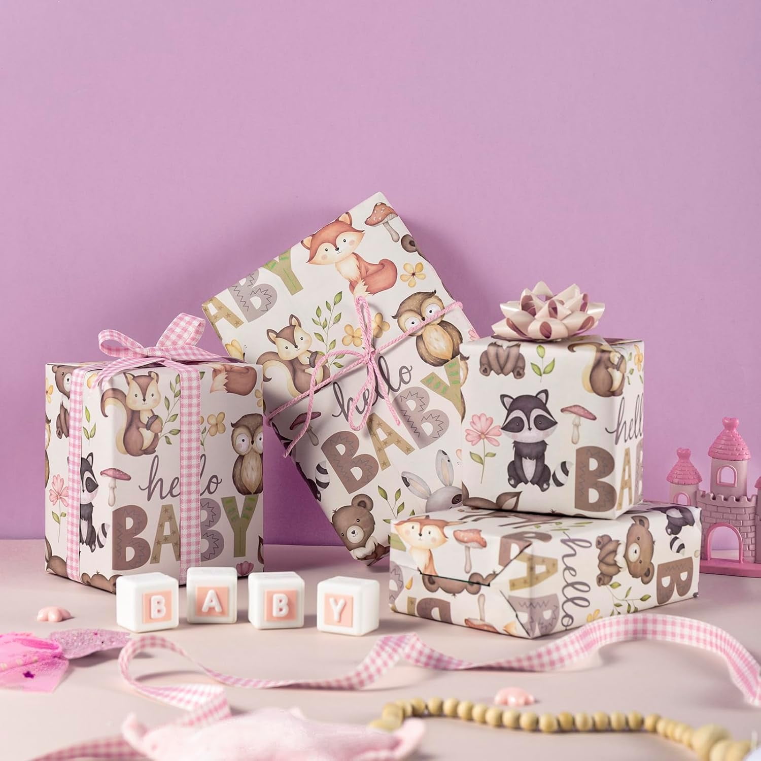 Kraft Baby Shower Wrapping Paper Roll - Mini Roll - 17 Inch x 16.5 Feet - Little Woodland Animal Wrapping Paper for Baby Shower, Kids Girls Boys Birthday