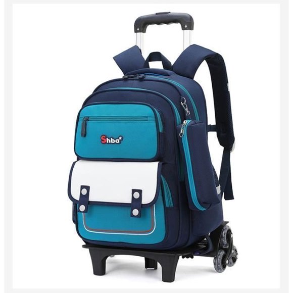 LECOO Sac d'École à Roulettes - 6 Roues - Nylon Imperméable - Sac à Dos pour Enfants - Bleu