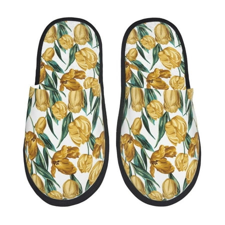 Balery Yellow Tulips Slient Indoor Furry Fleece Comfort House Shoes Soft Non-Slip Home Shoes Cotton slippers House Slippers-- Large