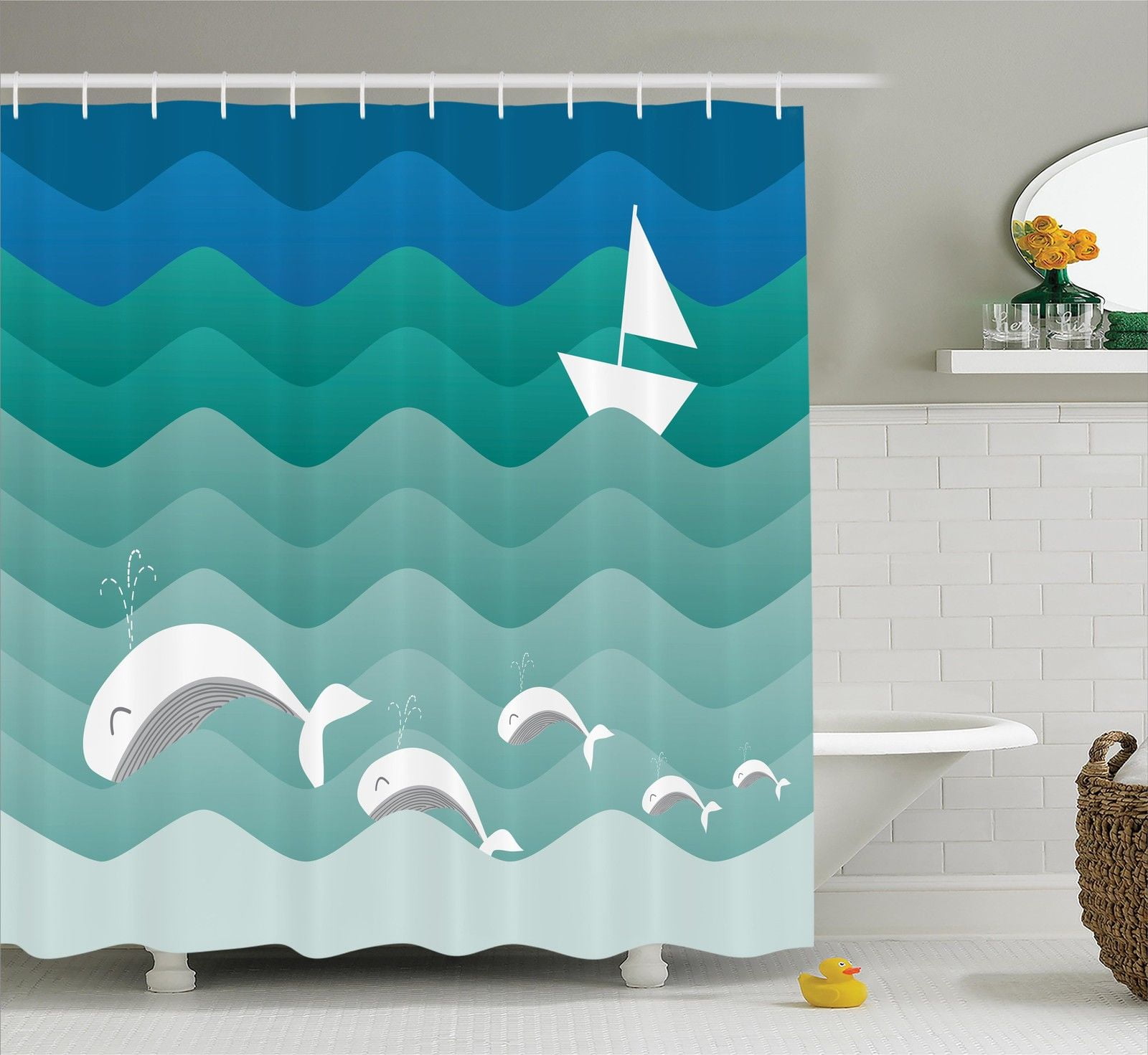 Nautical Shower Curtain Pastel Marine Elements Print for Bathroom 70 Inches Long 
