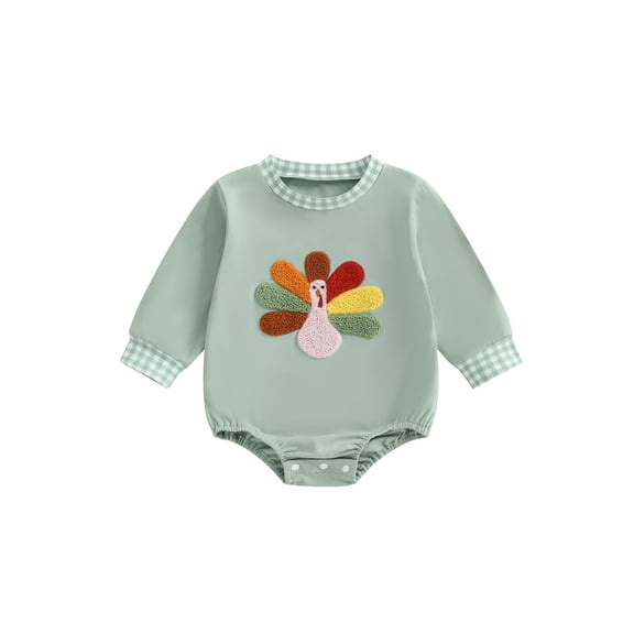 BemeyourBBs Baby Boy Romper Long Sleeve Turkey Embroidery Plaid Trim Bodysuit