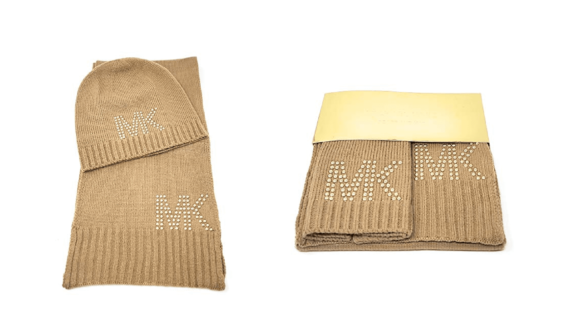 Michael Kors Womens Dome Studded Scarf & Hat Set (Camel/Gold) Gift  Packaging 