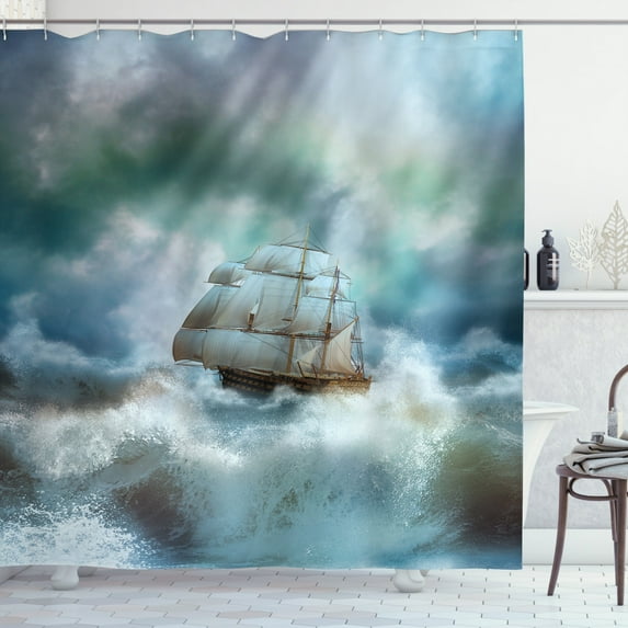 Ambesonne Ocean Shower Curtain, Pirate Ship on Wavy Sea, 69"Wx84"L, Blue Grey and White