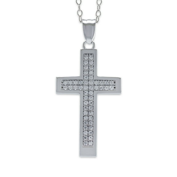 Silver Cross Necklace with Cubic Zirconia Stones - 925 Sterling Silver - Religious Cross Pendant - Adjustable Silver Necklace 16”-18” Included!