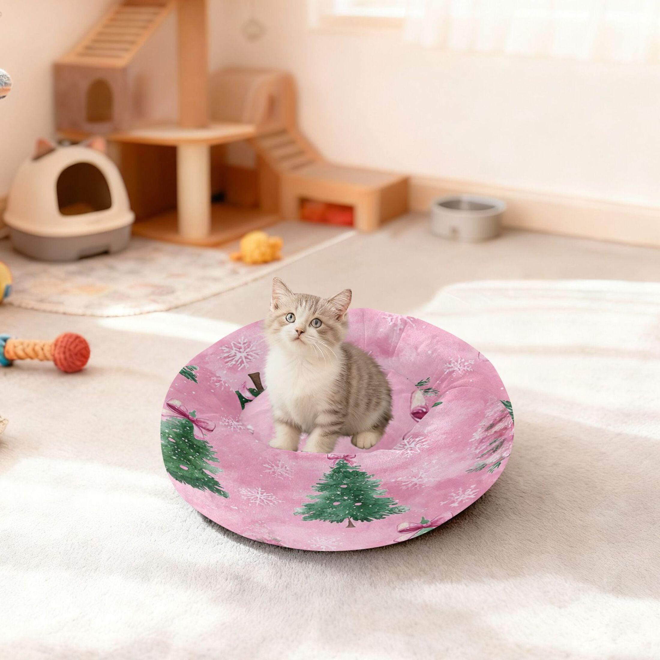 Iauyy Pet Couch Donut Cat Bed for Indoor Cats/Small Dogs Washable & Machine with Non-slip Bottom Calming Cat Furniture, with Snowflakes and Bows (XS)