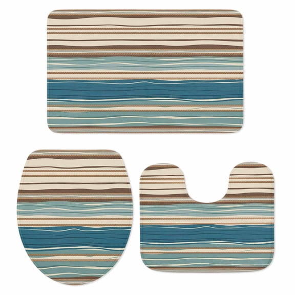 Bohemian Teal Bathroom Rugs Set Brown Stripe Retro Wave Line Non Slip Absorbent Soft Bath Mats 3 Piece Set with Bathroom Rug, U-Shaped Floor Mat, Toilet Seat Cover Large Size