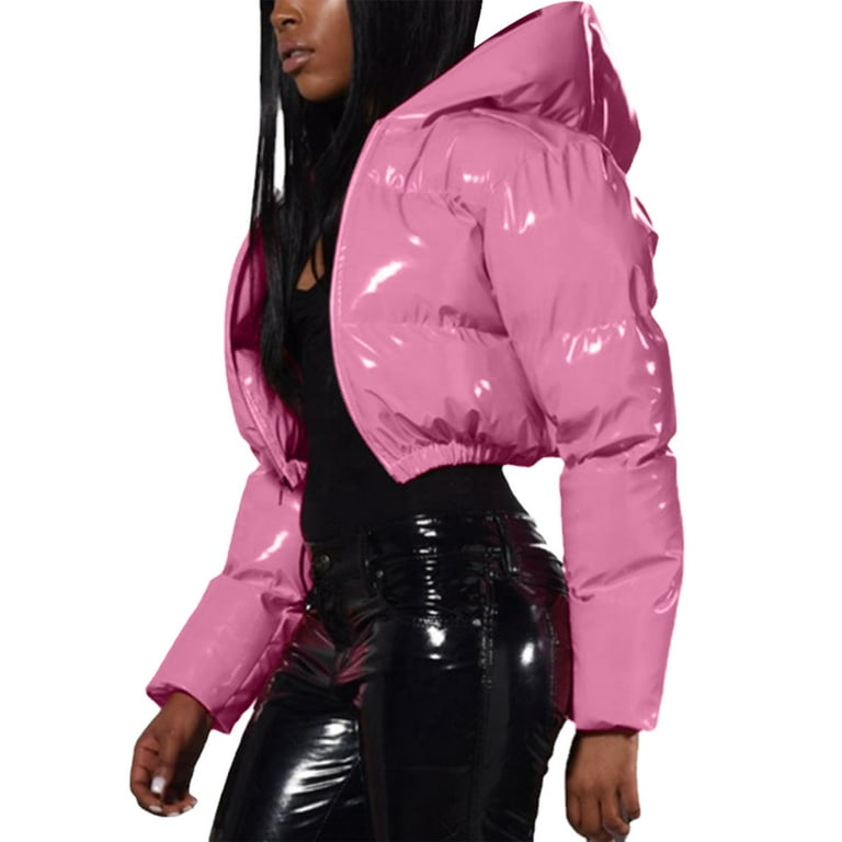 TOWED22 Womens Zip Up Jacket,Women's Leather Cropped Puffer Jacket Warm  Oversized Band Collar Zip Up Padded Coat Pink,XL 