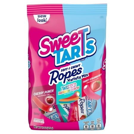 SweeTARTS Ropes Candy, Variety Mix, Cherry Punch, Twisted Rainbow Punch, Tangy Strawberry, Soft and Chewy, 15 oz Bag