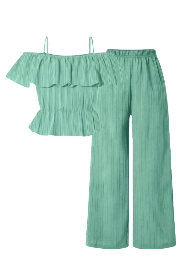 Kid Girls Clothes 8Y,9Y,10Y,11Y,12Y Girls Straps Off Shoulder Crop Tops and Pants Set 2Pcs Spring Fall Outfits Green