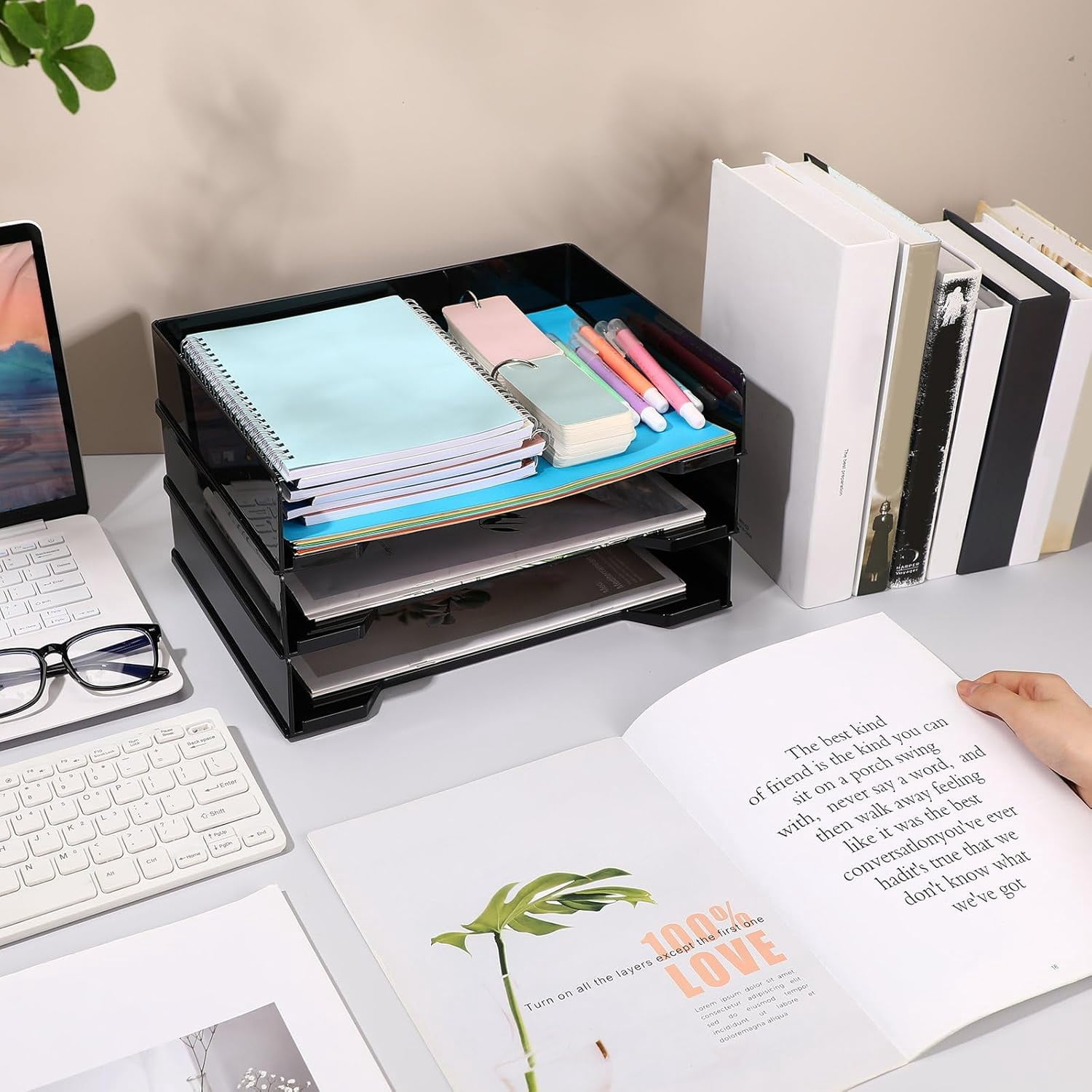 4 Pcs Stackable Letter Tray Rectangular Plastic Desk Organizer 13 x 9.5 x 2.6 in Paper Holder File Tray Accessories Rack for Desktop Office Desk Drawers (Black)