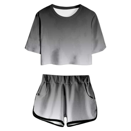 Girl Outfits Clothes Print Short Sleeve Top Shorts Round Neck Pocket Casual Juniors Lightweight Kids Clothing Sets