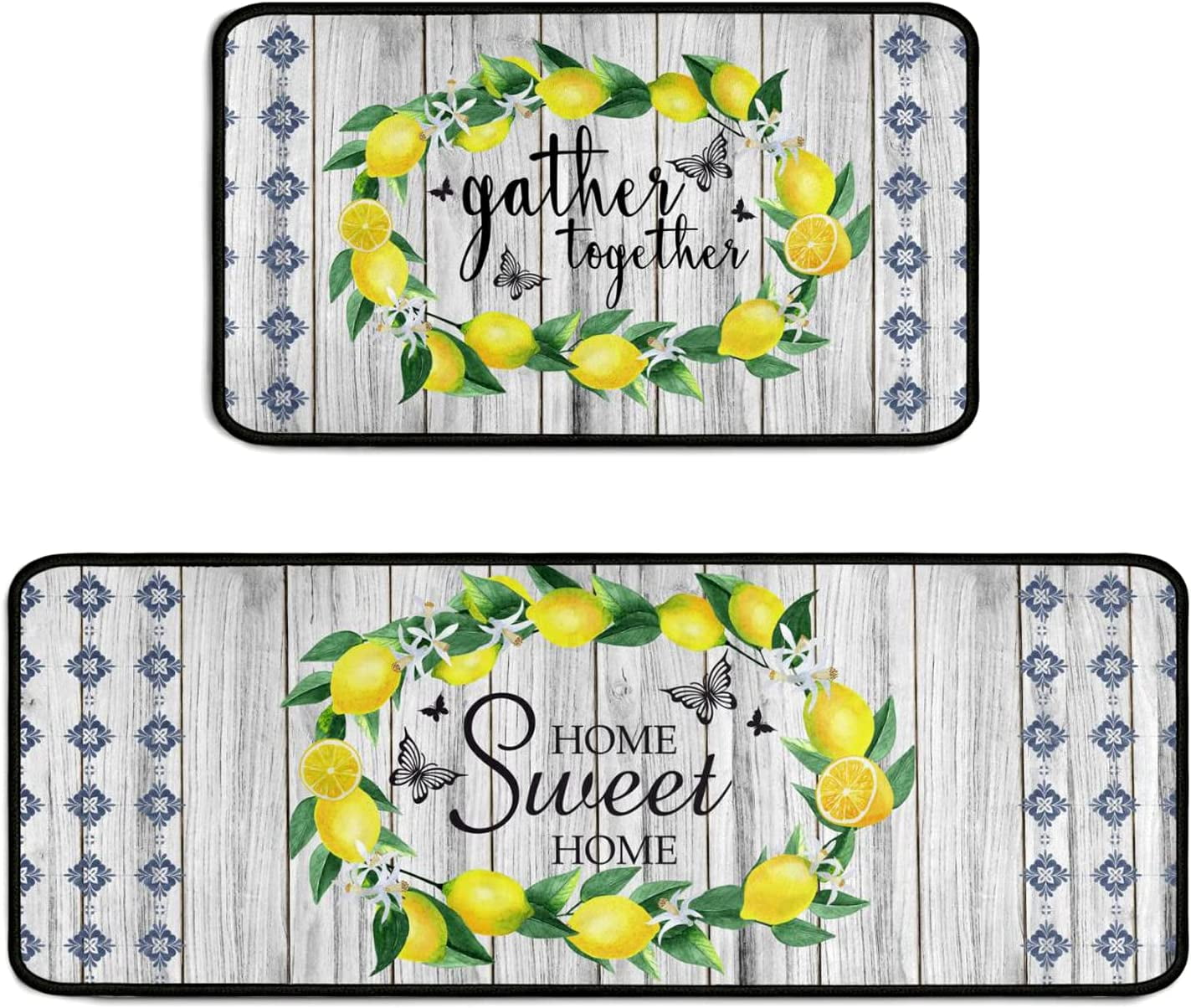 Sunopas Lemon Kitchen Rug 2 Pieces Set, Washable NonSlip Kitchen Sink