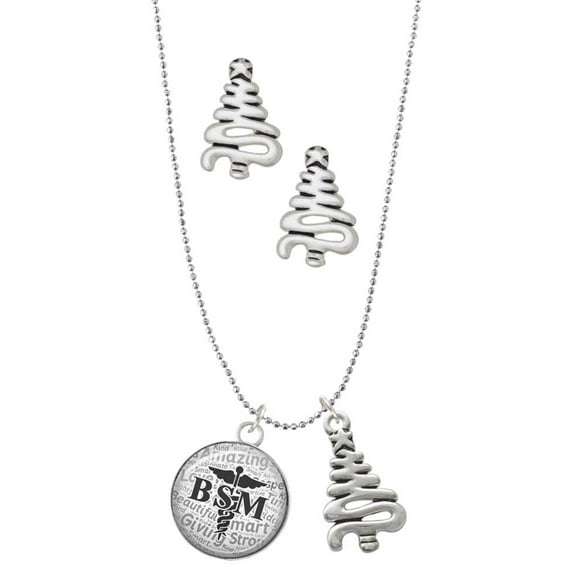Delight Jewelry Silvertone Domed Black BSM Silver tone Zig Zag Christmas Tree Charm Necklace and Stud Earrings