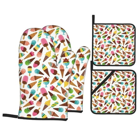

Oven Mitts and Pot Holders 4 Piece Colorful ice cream High Heat Slip Resistant Oven Mitt and Trivets Set Kitchen Oven Glove Pot Holders for Cooking Baking Grilling