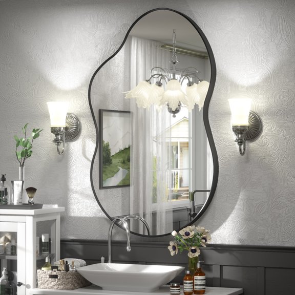 GODCHAR Asymmetrical Mirror 40"x24" Bathroom Vanity Irregular Wall Black Framed