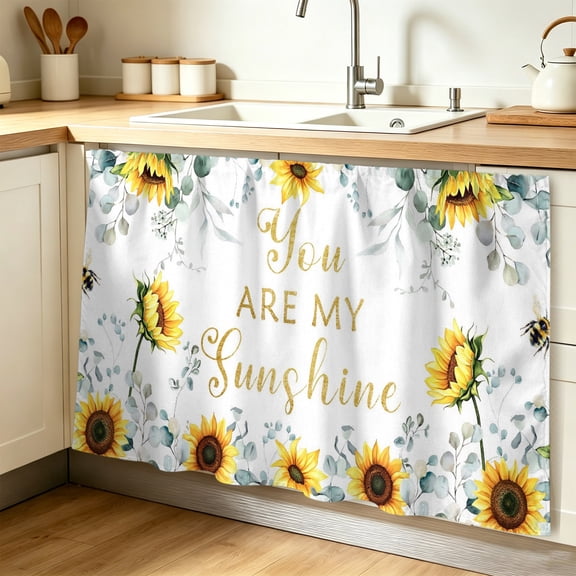 Sunflower Cabinet Curtain 32"Wx55"L, Dustproof Pantry Door Curtain with Self Adhesive Tape, Summer Botanical Green Eucalyptus Leaves Tall Storage Cover Privacy Drape for Bathroom Kitchen Laundry Room
