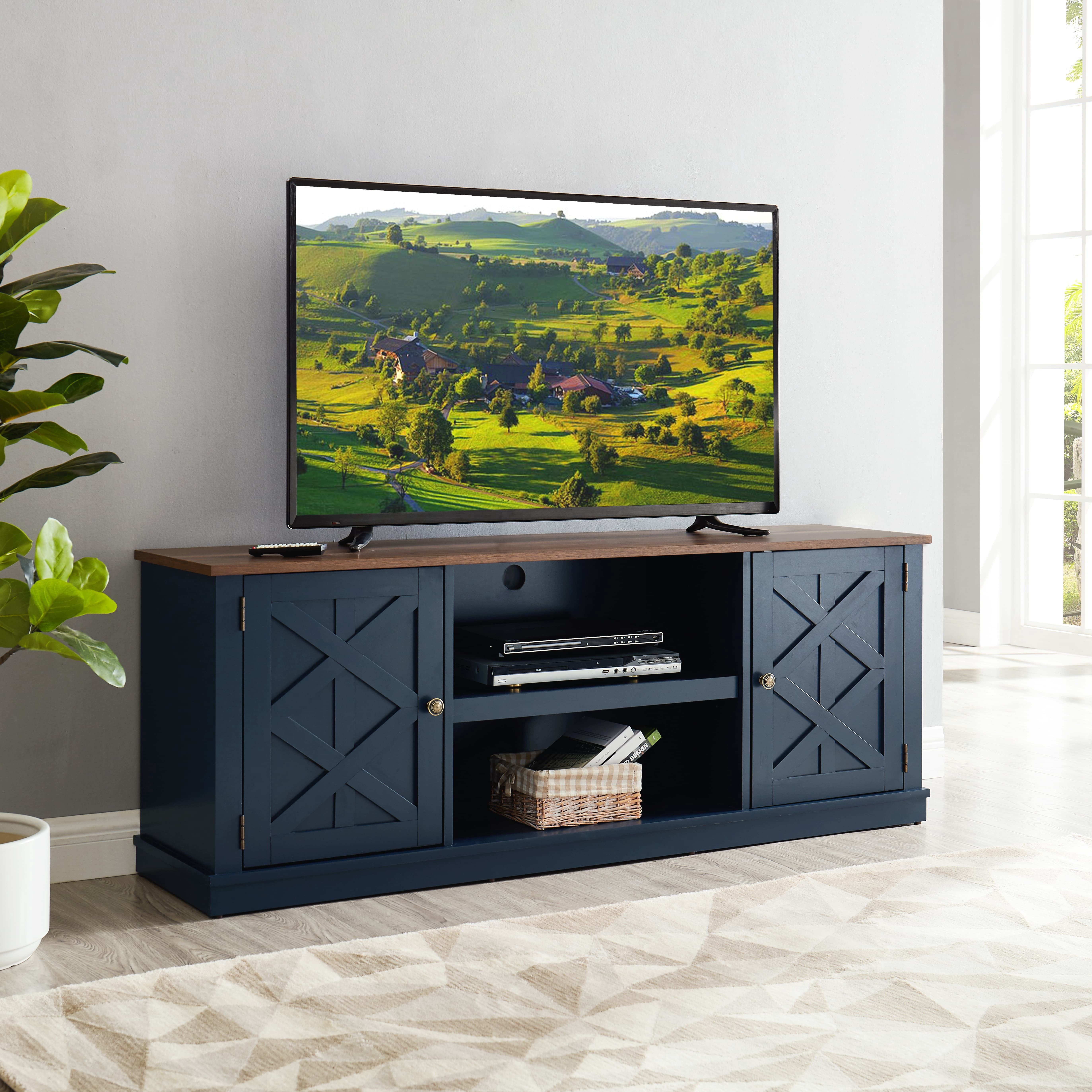JoyRiver 64" Farmhouse TV Stand with Swing Doors & Adjustable Shelves, Fits 75 inch TV, Navy