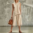 thumbnail image 2 of Womens Casual Two Piece Outfit Round Neck Sleeveless Top Elastic Waist Culotte Pants with Pockets Cotton Blend Vacation Set Beige XXXL(XXXL), 2 of 5