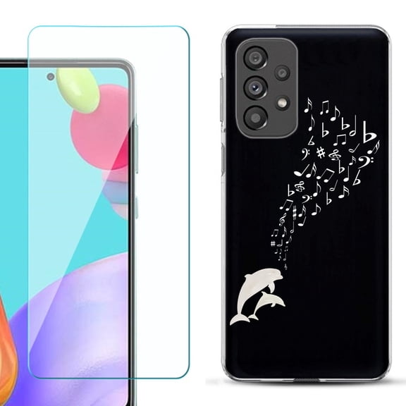 Slim-Fit Gel TPU Phone Case for Samsung Galaxy A33 5G, with Tempered Glass Screen Protector, by OneToughShield ® - Dolphin Music