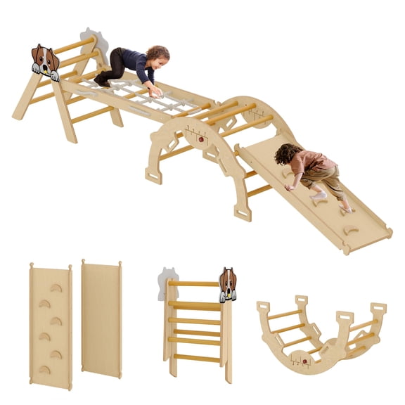 Pikler Triangle Set, 4 in 1 Toddler Climbing Toys Indoor with Ramp, Arch and Ladder, Climbing Set with Wood Construction, Jungle Gyms for Toddlers 1-3, Baby, Kids