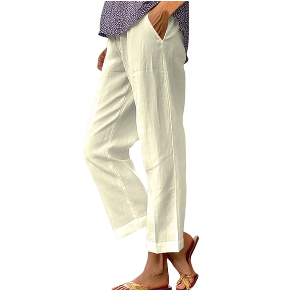 Womens Linen Pants Summer Plus Size Casual Cotton Pant Drawstring Elastic Waist Cropped Trousers with Pockets