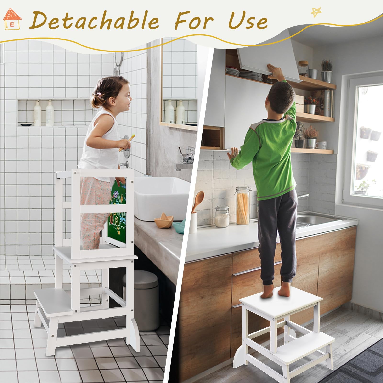 G TALECO GEAR Toddler Kitchen Stool Helper, Step Stool for Kids with Chalkboard Safety Rail for Toddlers 18 Months and Older (White)