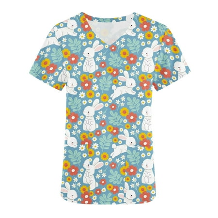 

Womens Easter Nursing Scrub Tops Summer Clearance Women s Casual T-Shirt Short Sleeve V-neck Tops Working Uniform Easter Print With Pocket Workwear Blouse