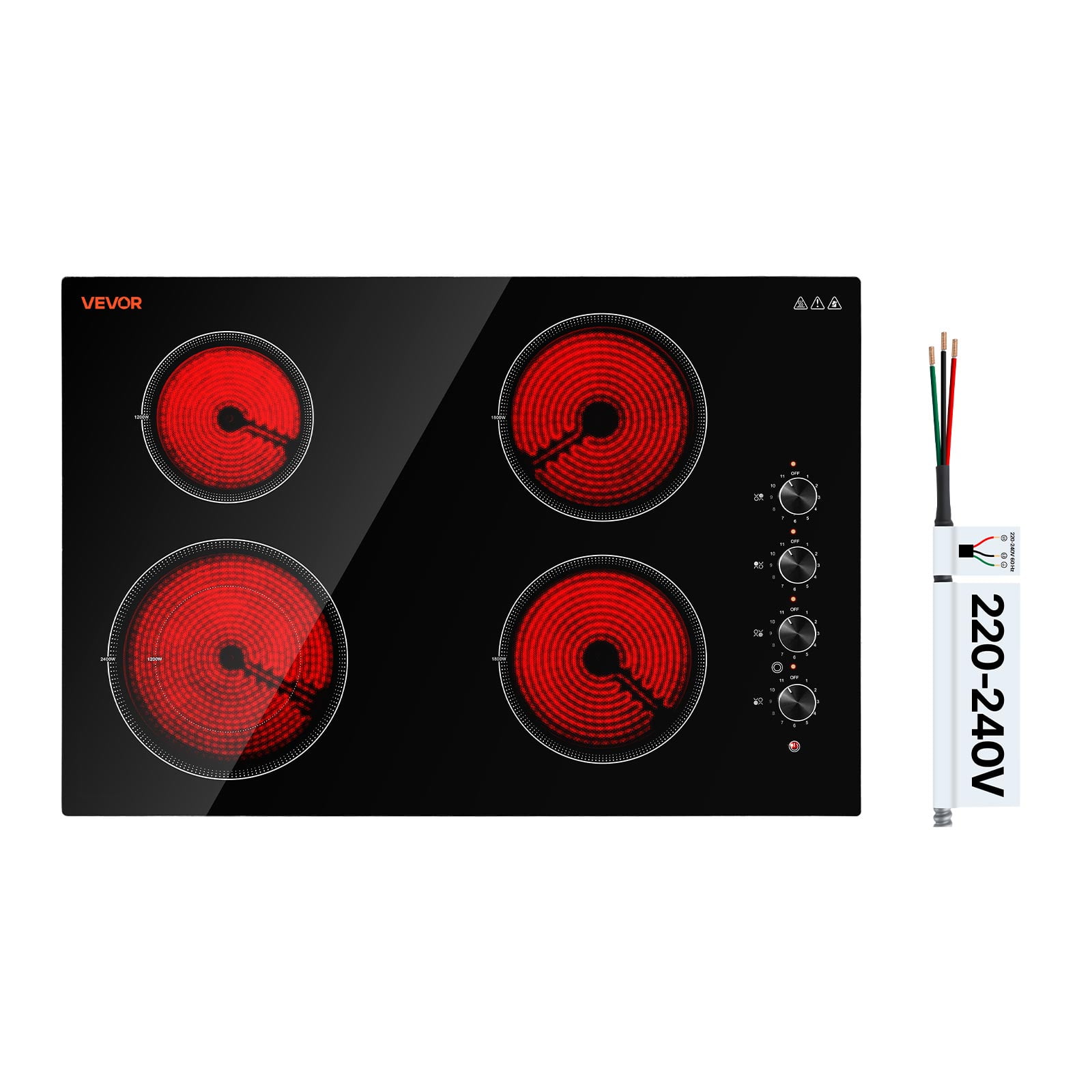 VEVOR Electric Cooktop 30inch 4 Burners Stove Top 7200W 220V No Plug, Ceramic Built-in Radiant Electric Stove , with 11 Power Levels, Over-Heat Guard, Knob/Touch Control