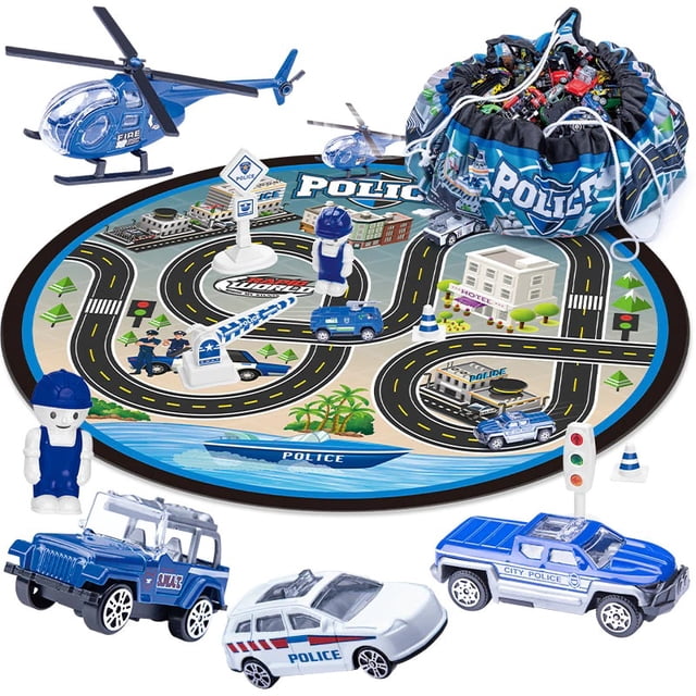 Floor Storage Game Blanket Set with 3 PCS Die-Cast Cars and 1 PC Die-Cast Plane - Police