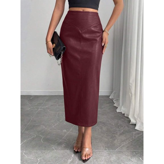 Burgundy Faux Leather High Waist Pencil Skirt Mid-Length Dressy Casual With Slit