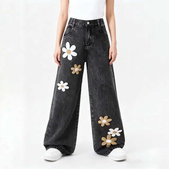 GiLiling Girls Casual Baggy Jeans High Waist Wide Leg Cargo Denim Pants Elastic Waist Y2k Vintage Aesthetic (Black, 15-16 Years) (Black, 13-14 Years)