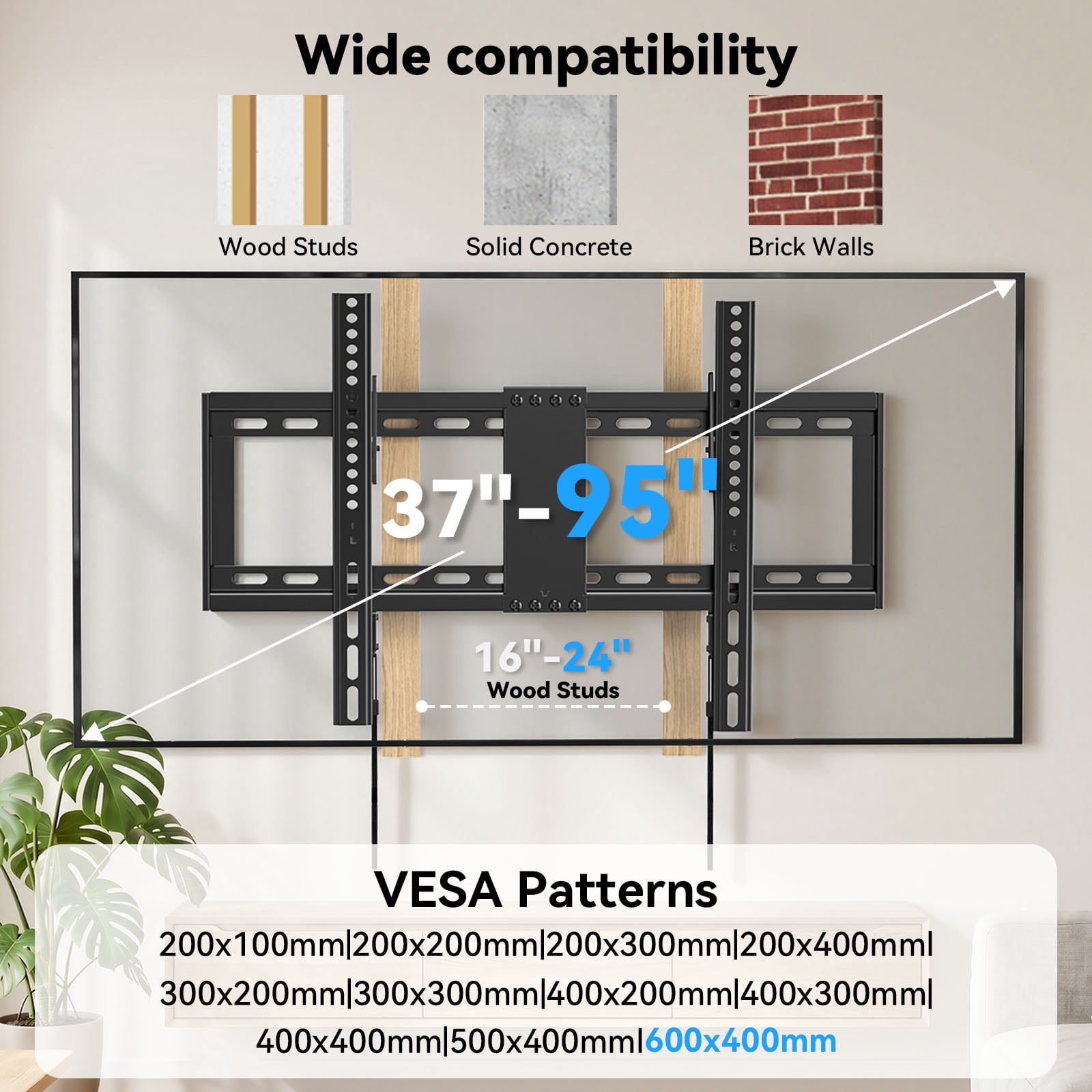 MountFTV Large Tilting TV Wall Mount for 37-95 inch TVs, 1.2"Low Profile TV Mount up to 132lbs,Max 600x400mm, Fit 24" Wood Stud