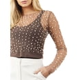 thumbnail image 3 of Biezeib Women T-shirt, Long Sleeve Crew Neck See-through Pearls Slim Fit Ladies Tops for Club Party, 3 of 6
