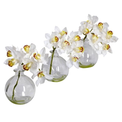 Silk Plant Nearly Natural Cymbidium w/Vase Silk Flower Arrangement (Set of 3)