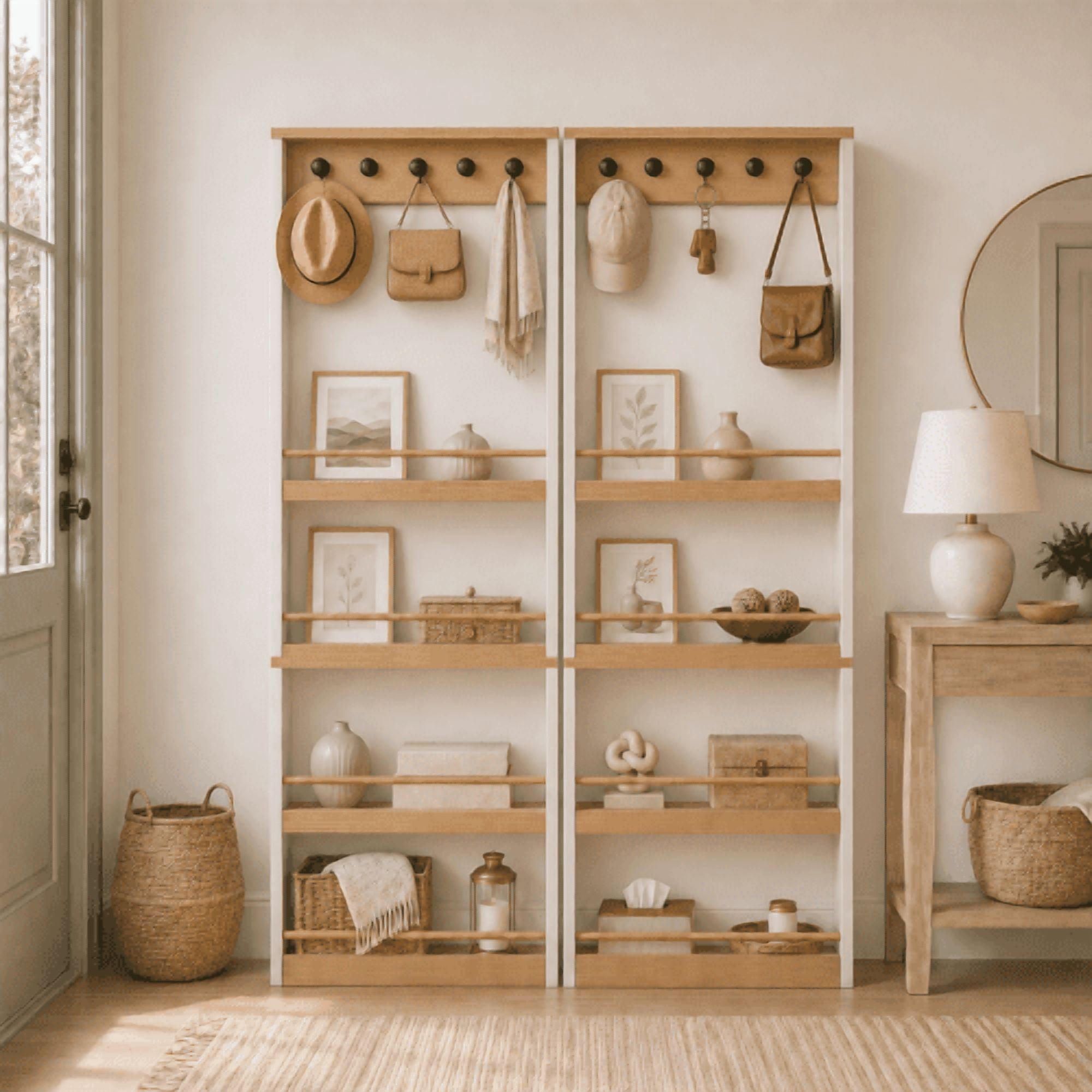 70.87" Tall Bookcase behind the Door with 4 Shelves and 5 Hooks, Space-Saving Narrow Storage Cabinet for Living Room, Bedroom, Hallway, Antique White