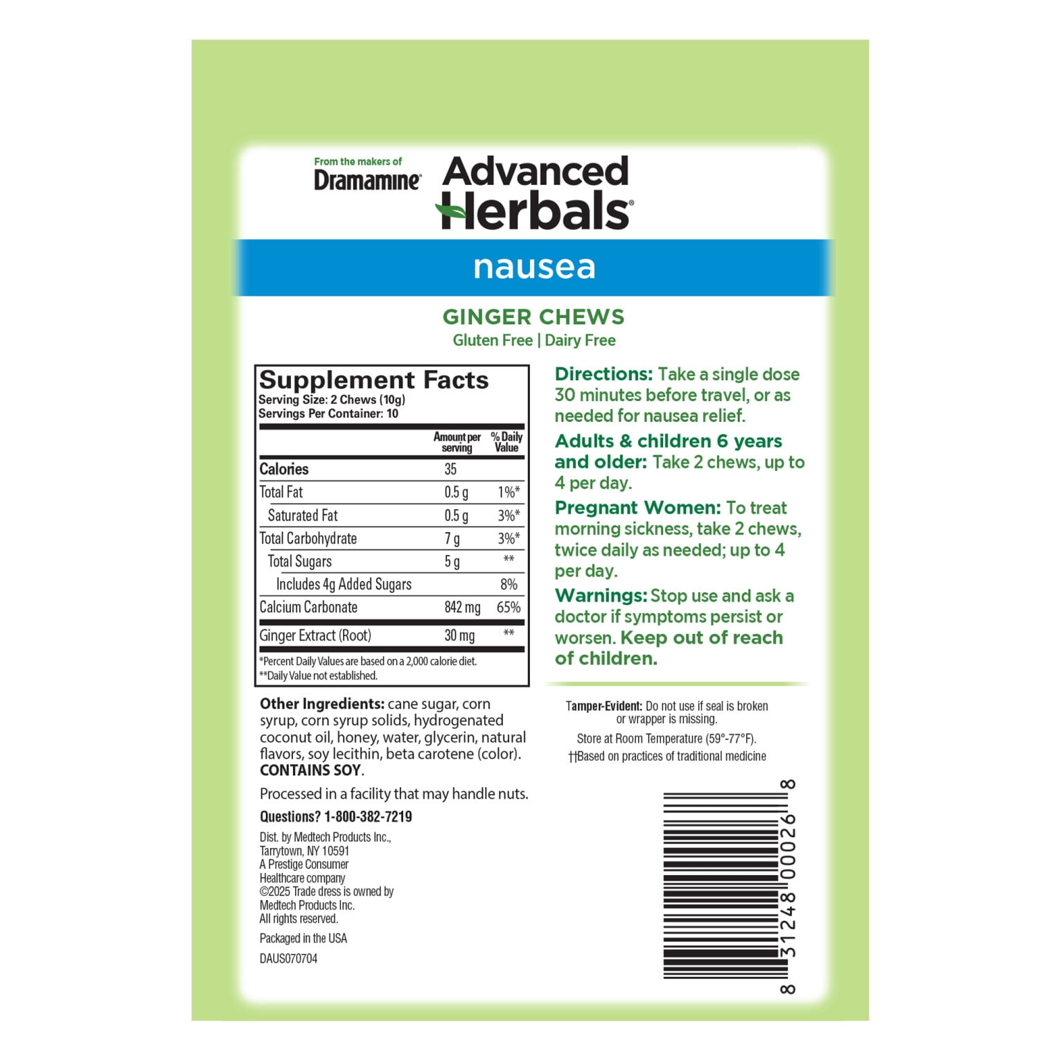 Advanced Herbals by Dramamine, Ginger Chews, Nausea Relief Soft Chews Lemon-Honey-Ginger, 20 Ct