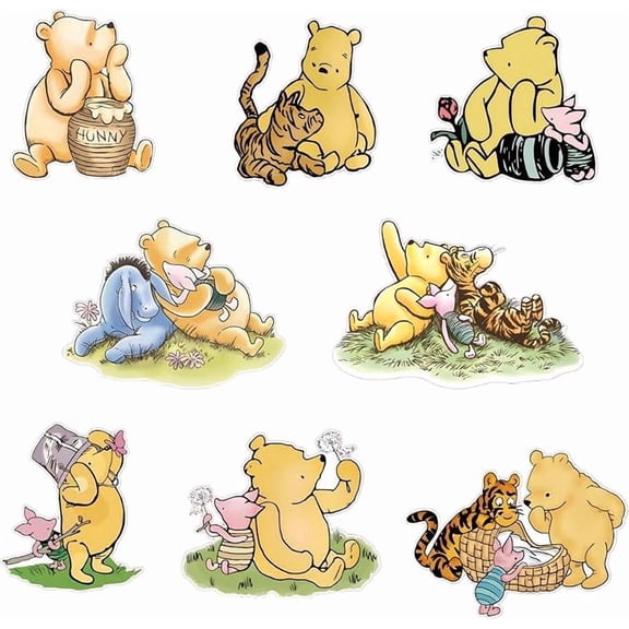 8 PCS Classic Winnie Bear and Friends Cutout Props with Stands – Double-Sided Printed Baby Shower & Birthday Table Centerpiece Decorations