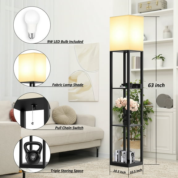 Floor Lamp with Shelves, Shelf USB Floor Lamp, 3 Color Temperatures Solid Wood Floor Lamp with 2 Charging Ports and 1 Power Outlet, Lamps for Livingroom Bedroom, Bulb Included, Matt Black