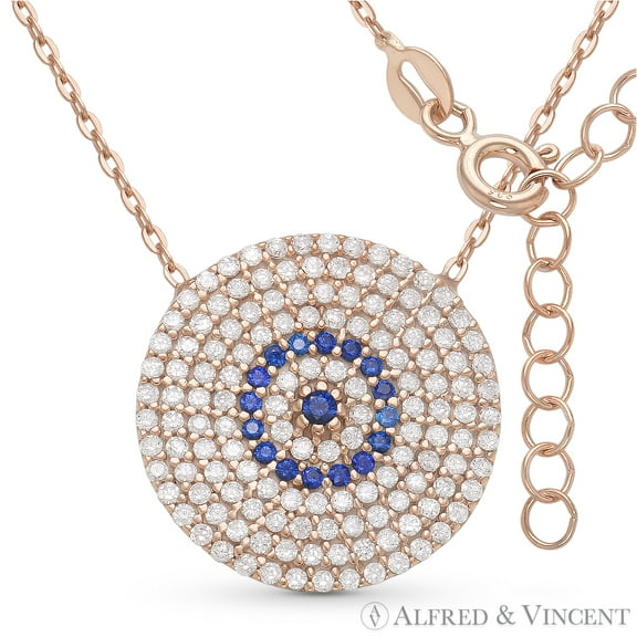 Evil Eye Charm CZ Crystal 21mm Circle Pendant & Chain Necklace in .925 Sterling Silver