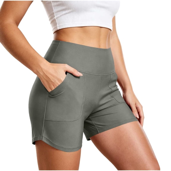 TEAJOPSUU Athletic Shorts for Women with Pockets Stretchy High Waisted Yoga Shorts Tummy Control for Workout Running Gray