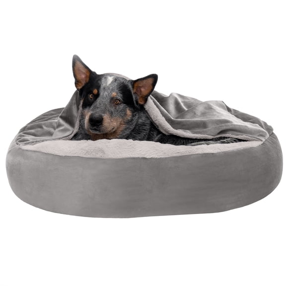 FurHaven Pet Products | Wave Faux Fur & Velvet Hooded Donut Pet Bed for Dogs & Cats - Dark Gray, Medium