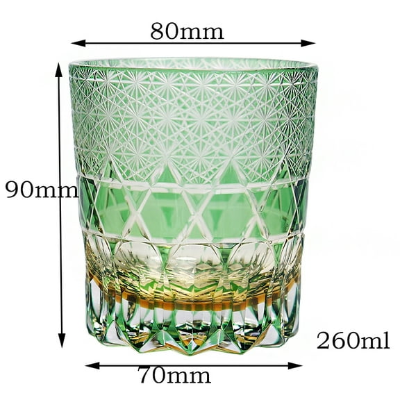 Hand Cut to Clear Green 8oz Edo Kiriko Crystal Whiskey Glass Colored Rock Tumbler Hand Cut Drinkingware Gift Packing 1pc