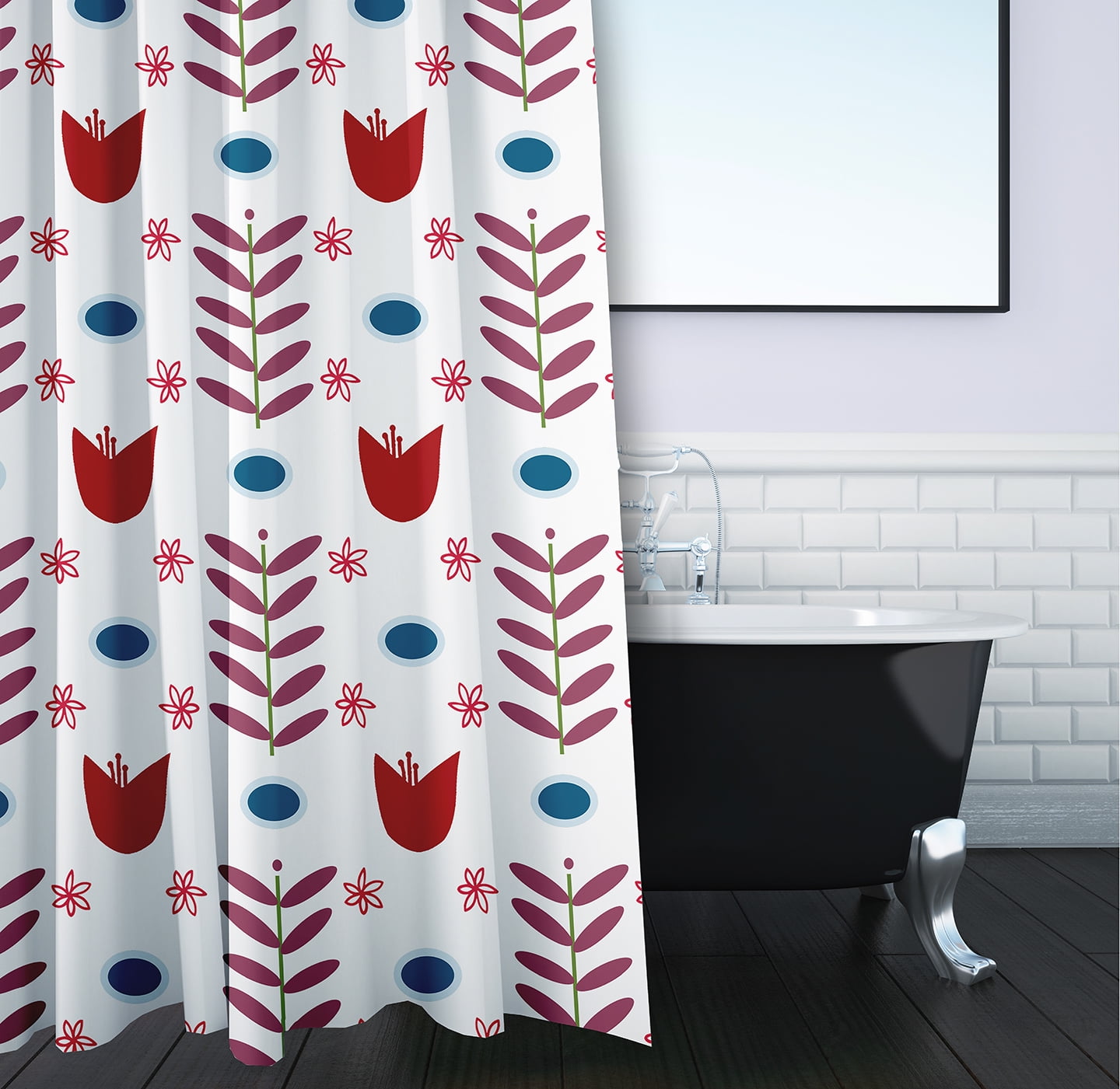 Simply Daisy 70" W x 73" L Spring Garden Polyester Shower Curtain, White-Red [1 Ct]