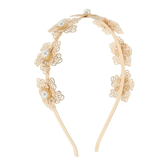 Unique Bargains 1 Pc Cute Big Flower Pearl Headbands for Women Gold Tone