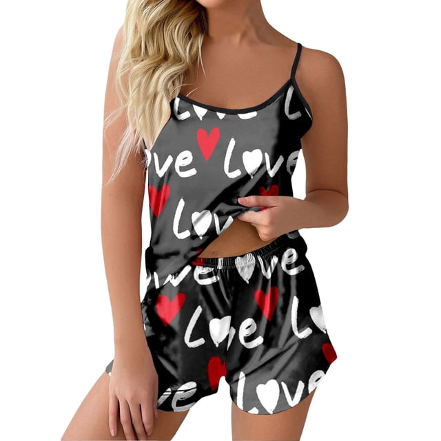 Ketyyh-chn99 Ensembles de Pyjama pour Femmes Shorts Femmes Amour Camisole Imprimée Shorts Maison Haut Sans Manches Pyjamas Décontractés Vêtements de Nuit Gris,m