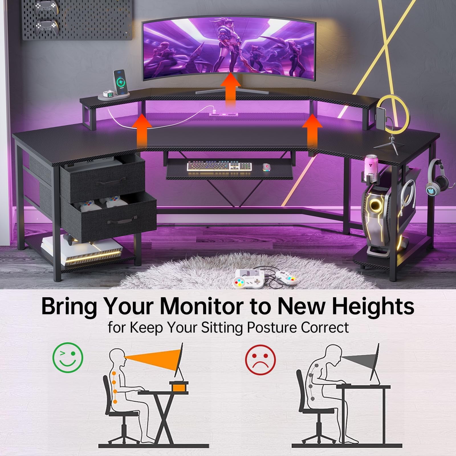 79" Gaming Desk, Computer Desk with 2 Fabric Drawers & LED Light, L Shaped Gaming Desk with Storage Shelf for Home Office, Carbon Fiber Black