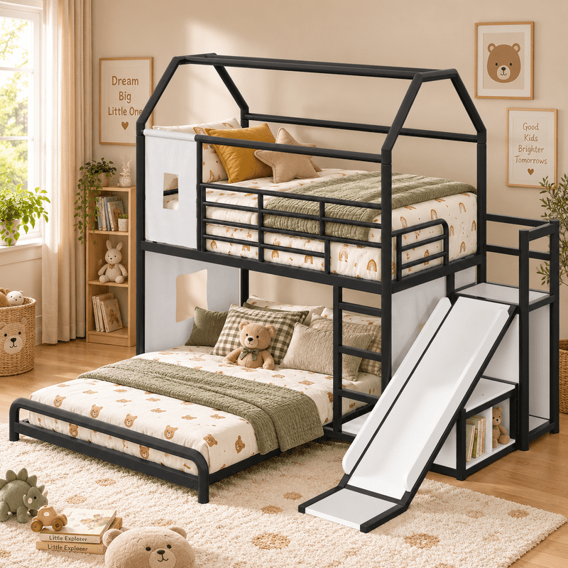 Twin over Full Metal Bunk Bed with Slide, Ladder, LED Light Strip, Privacy Curtain, Movable Storage Cabinet & Hanging Rod, House Shaped Kids Bunk Bed