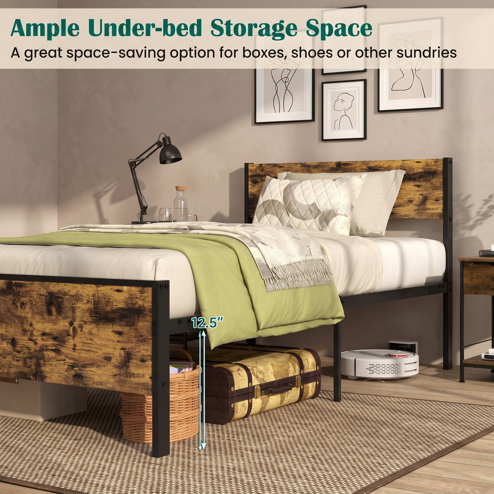 Furnibear Twin Metal Bed Frame Industrial Platform Bed with Wooden Headboard and Under Bed Storage Space for the Bedroom, Rustic Brown