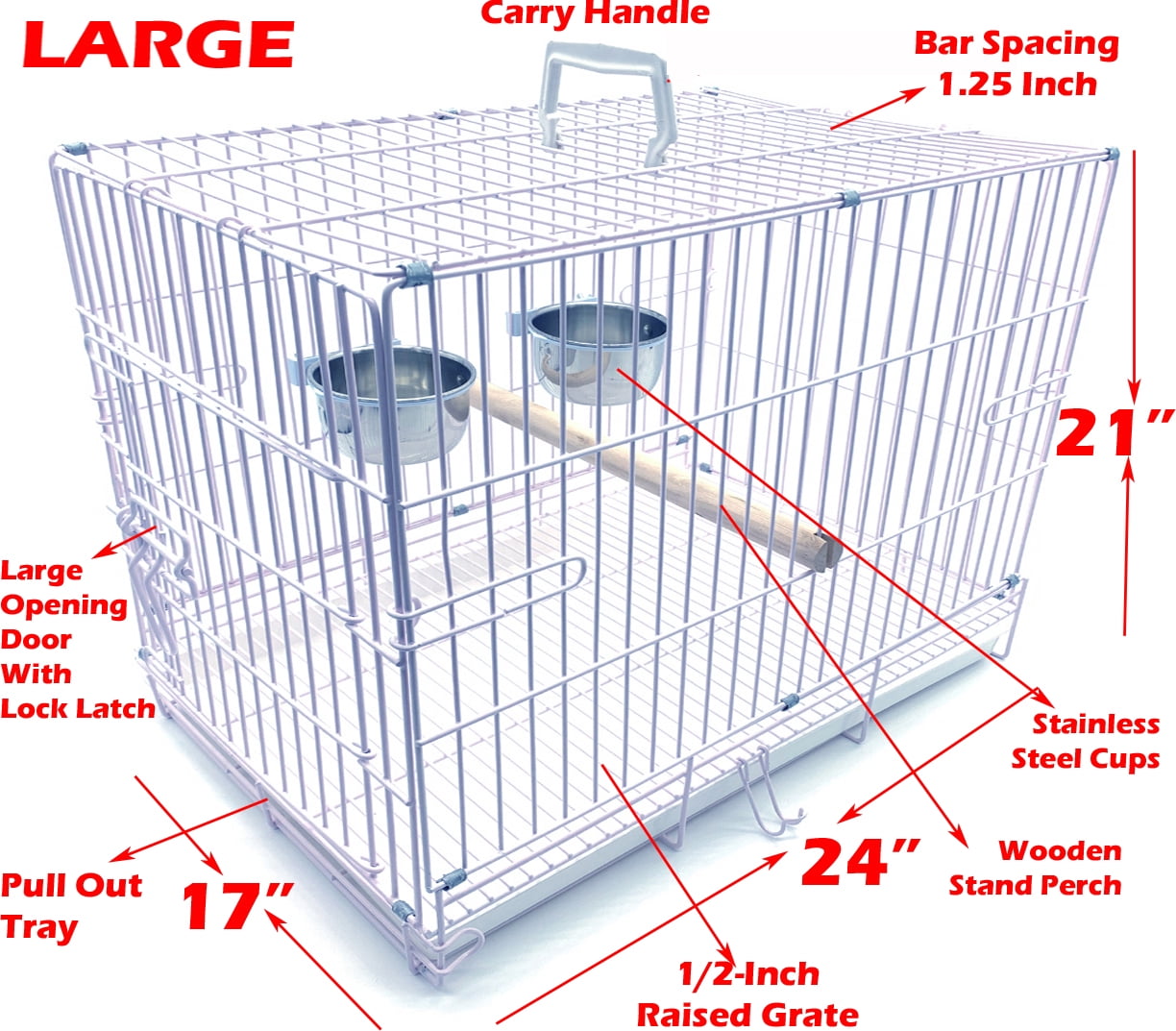 Mcage 24" Large Metal Portable Bite-Proof Bird Parrot Travel Cage with Wooden Stand Perch & Stainless Steel Dishes, White