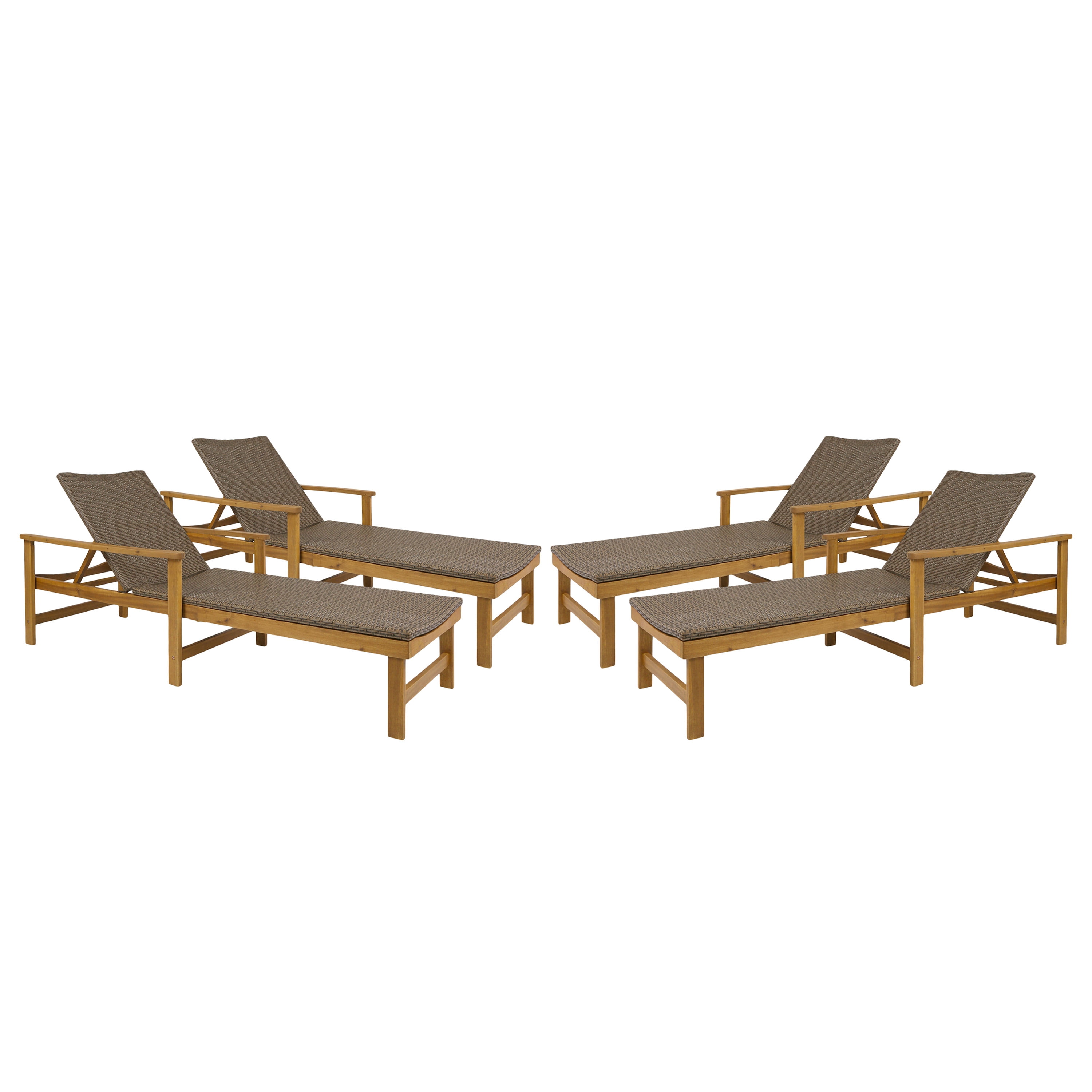 Camdyn Outdoor Rustic Acacia Wood Chaise Lounge with Wicker Seating (Set of 4), Natural and Gray